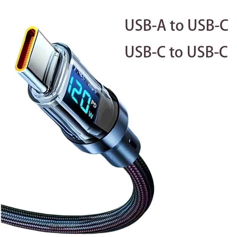 100W 120W USB C Cable Fast Charging Cord with LED Display, USB A to C & C to C Charger Cable High Speed Type C Cable for Phone - 6