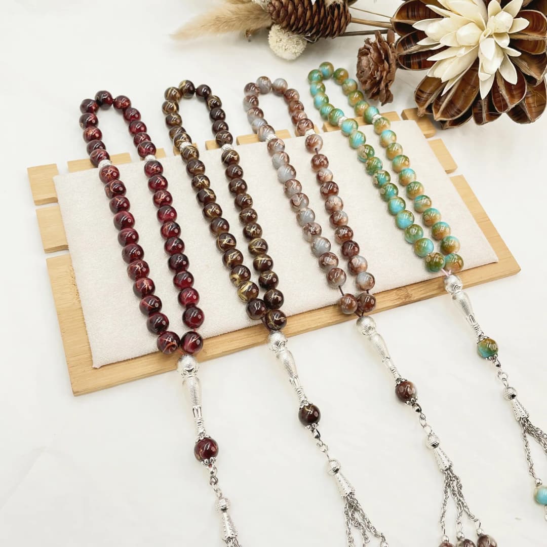 Colorful Islamic Prayer Beads with Metallic Tassel, Muslim Glass Tasbih Bracelet for Ramadan Valentine's Thanksgiving Gift Idea - 5