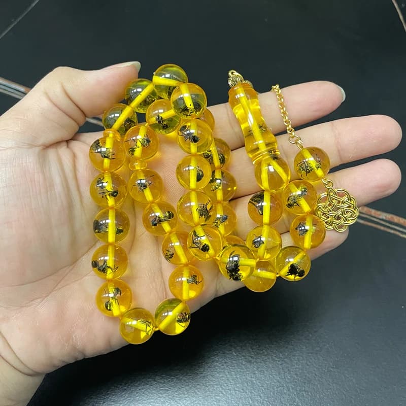 Tasbih Big Size Real insect Resin yellow Bracelets arabic Fashion 33 prayer beads Gold accessories Turkey Misbaha - 2
