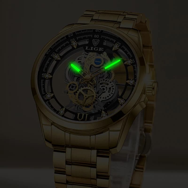 Original LIGE Men Watch Gold Stainless Steel Hollow Skeleton Quartz Watches for Men Fashion Military Waterproof Men Wristwatch - 3
