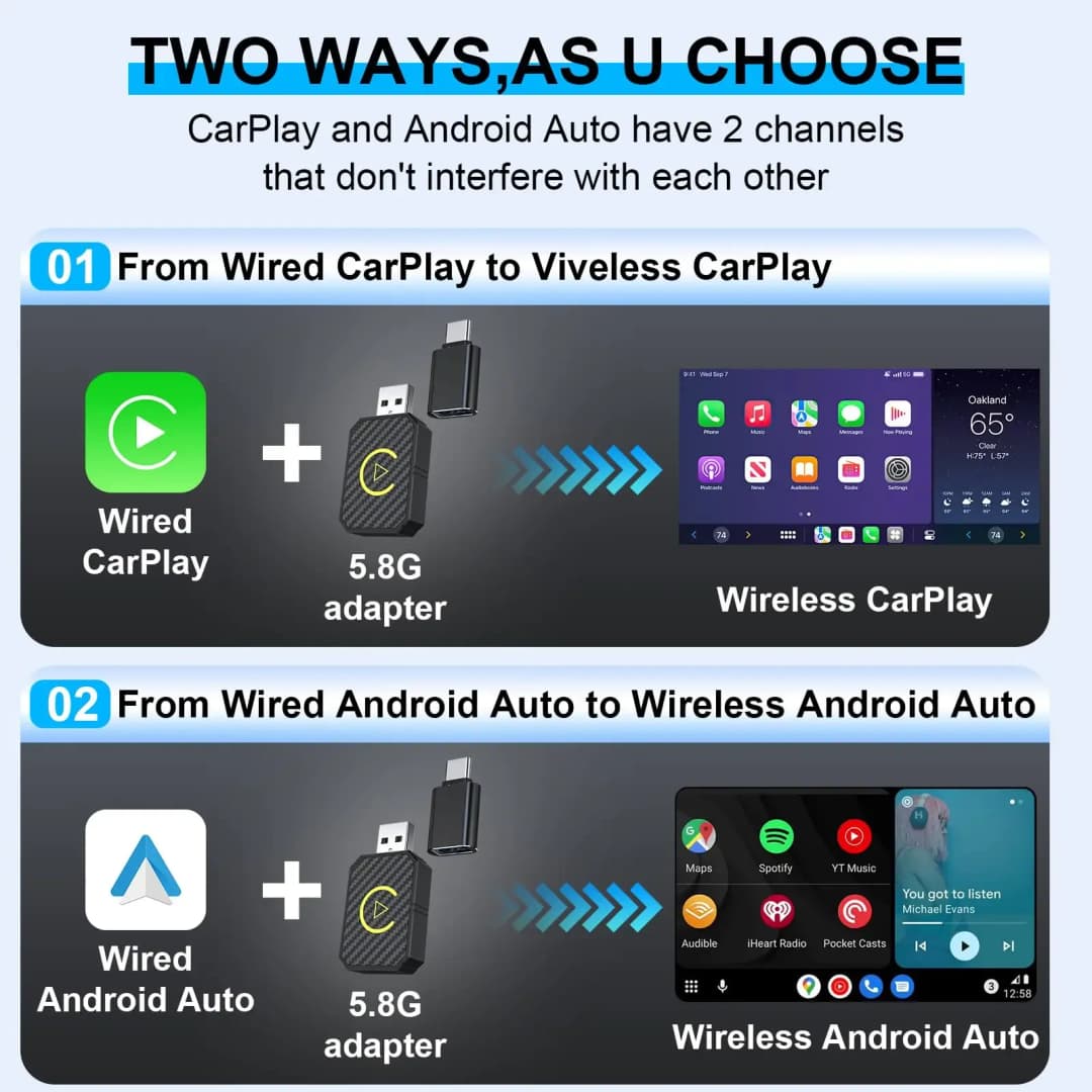 2 in 1 NEW Wireless CarPlay Android Auto Adapter USB Dongle Smart Mini Box Bluetooth Wifi Plug And Play for OEM Car Stereo - 2