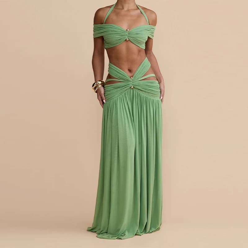Elegant Sequin Floral Two Piece Set For Woman One Shoulder Crop Top + High Waist Cutout Mini Skirt Vacation Party Co-ord Set - 3