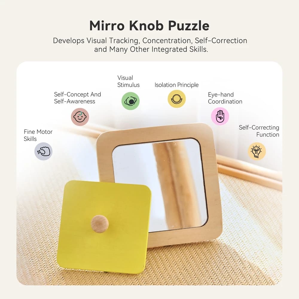 لعبة مونتيسوري الخشبية للأطفال الرضع مع مرآة وأحجية لوحة الأنشطة، أداة تعليمية حسية لمرحلة ما قبل المدرسة - 2