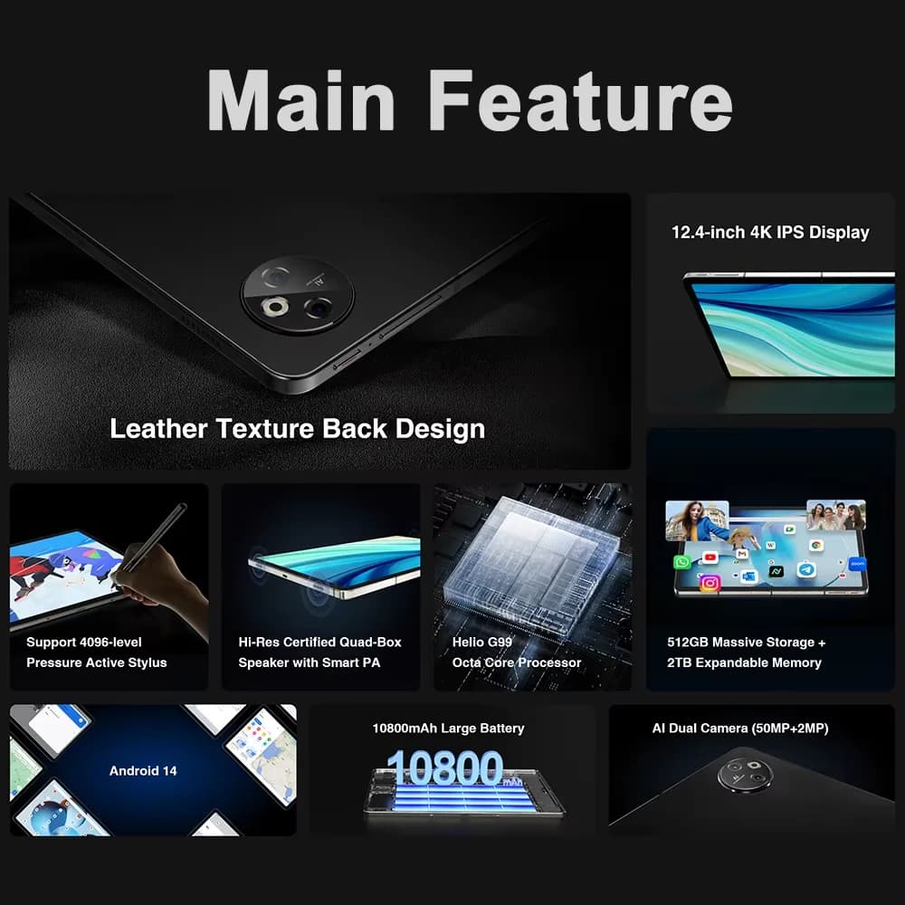 DOOGEE T30 Max Tablet 12.4" 4K Aluminum Alloy Nano Unibody Widevine L1 20GB(8GB+12GB)+512GB 10800mAh 50MP Dual Camera Android 14 - 2