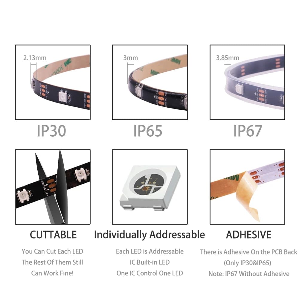 DC5V WS2812B Individually Addressable 5050 RGB Led Strip WS2812 Smart Pixels Led Light Black White PCB Waterproof IP30/65/67 - 3
