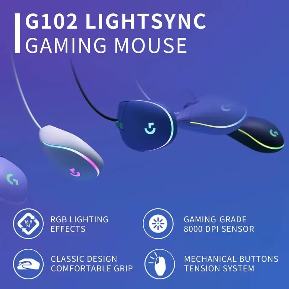 ماوس Logitech G102/G203 Lightsync، تتبع بصري، 8000 DPI، 16.8 مليون لون LED، 6 أزرار قابلة للتخصيص، ماوس سلكي