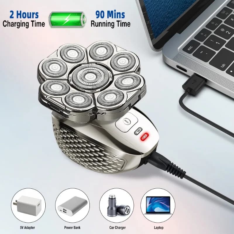 ماكينة حلاقة رأس 4D للرجال الصلع، 9 رؤوس عائمة محدثة 6 في 1 قابلة للشحن مقاومة للماء للحلاقة الجافة أو المبللة - 5