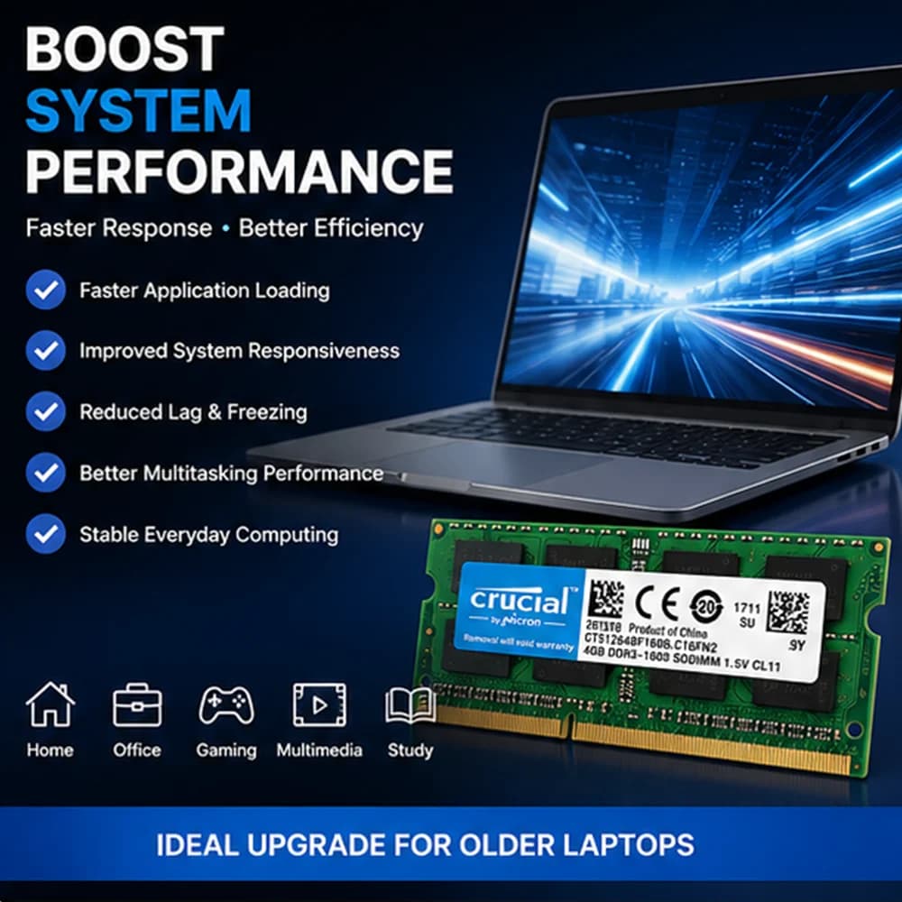 ذاكرة كروتيال DDR3 للابتوب، سعة 2 جيجابايت/4 جيجابايت/8 جيجابايت، SODIMM، تردد 1066-1866 ميجاهرتز، 204Pin، 1.35V/1.5V، PC3-10600/12800 - 3