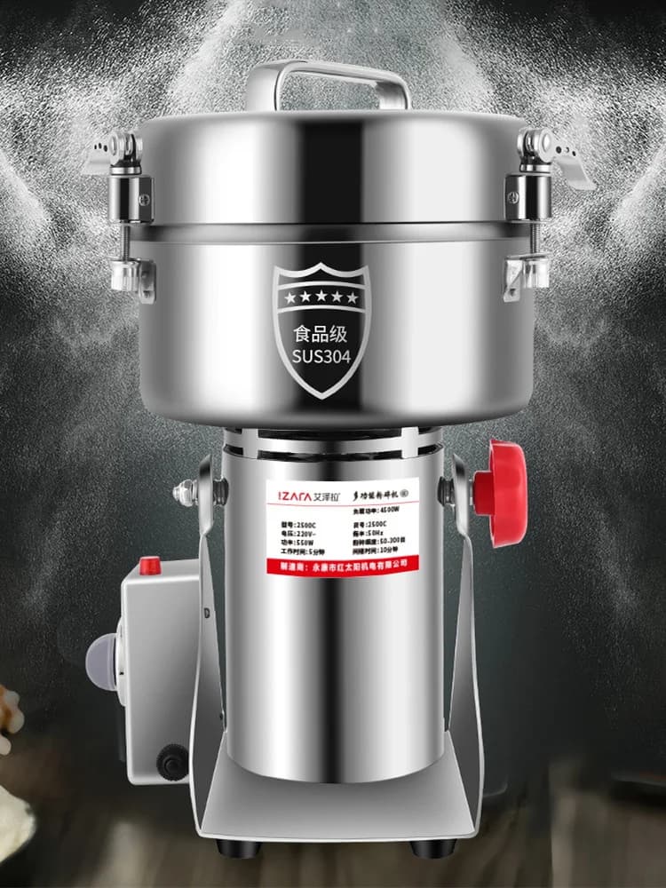 آلة طحن مسحوق 2500g، 110V/220V، منزلية وتجارية، أعشاب طبية، رقائق، توابل، حبوب متنوعة، مطحنة دقيق، 4500W - 2