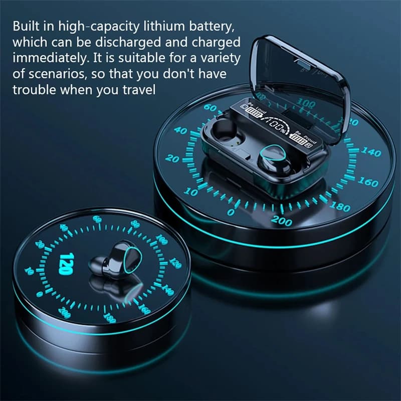 سماعات رأس بلوتوث لاسلكية أصلية، سماعات بلوتوث مع ميكروفون، سماعات أذن، صندوق شحن، شاشة LED، سماعات M10 - 4