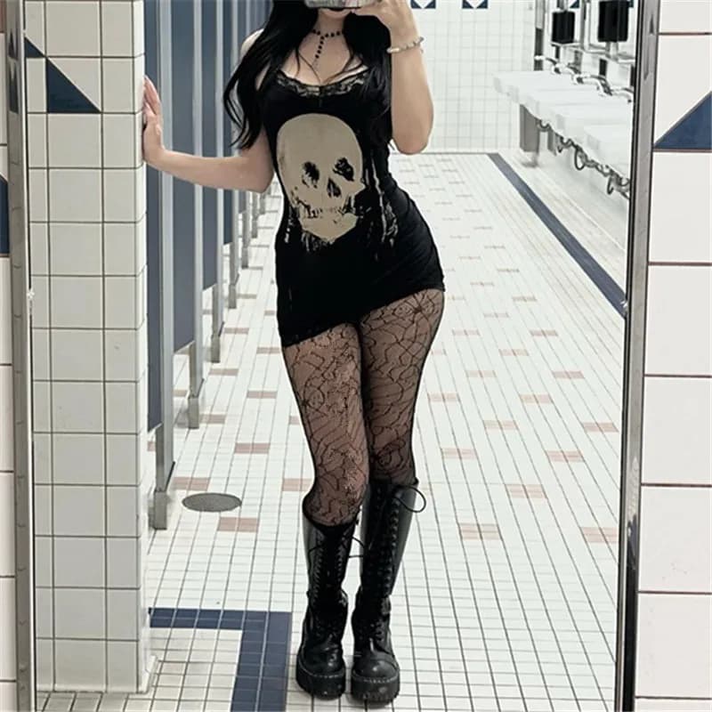 Goth Dark Streetwear Anime Skull Print Straps Mini Dress Fairy Lace Stitch Club Outfits Slim Sexy Bodycon Dresses Mall Gothic - 3