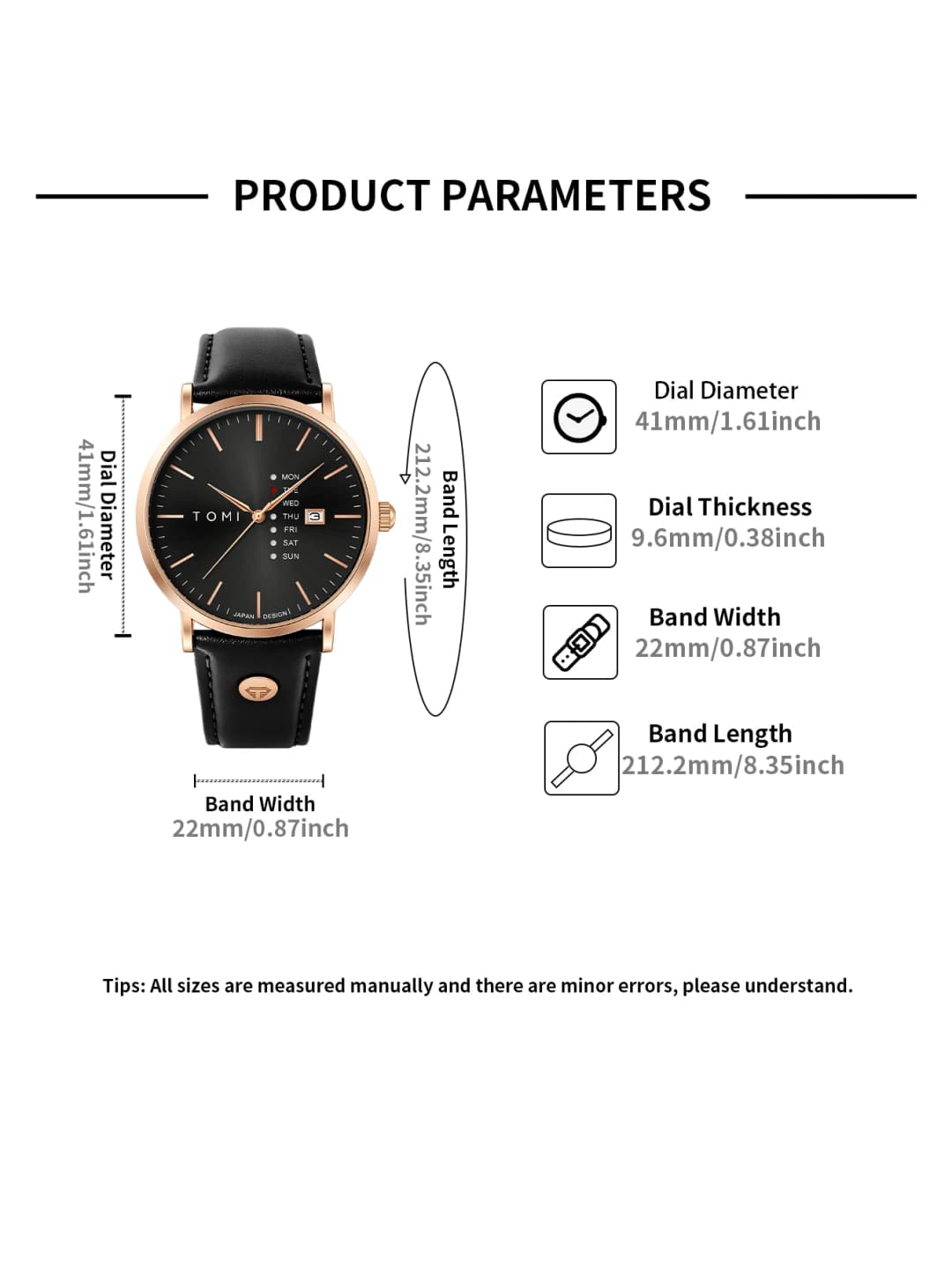 ساعة عمل أنيقة من TOMI للرجال، كوارتز بملمس مميز، حزام جلد، مع تقويم أيام الأسبوع - 6