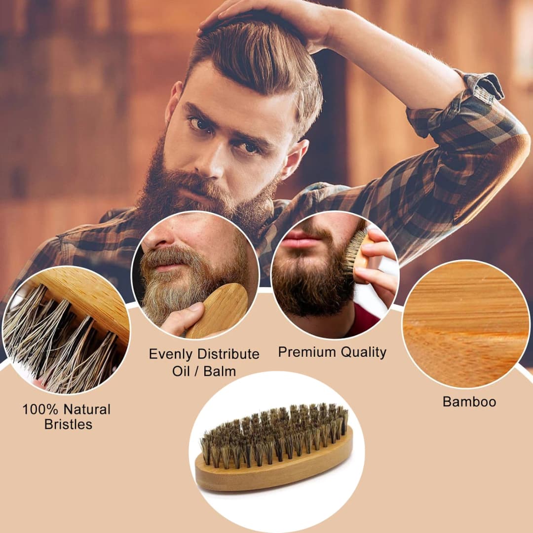 Men's Shaving Brush Set Boar Bristle Portable Barber Natural Beard Brush Comb Scissors for Facial Cleaning Styling Tool - 2