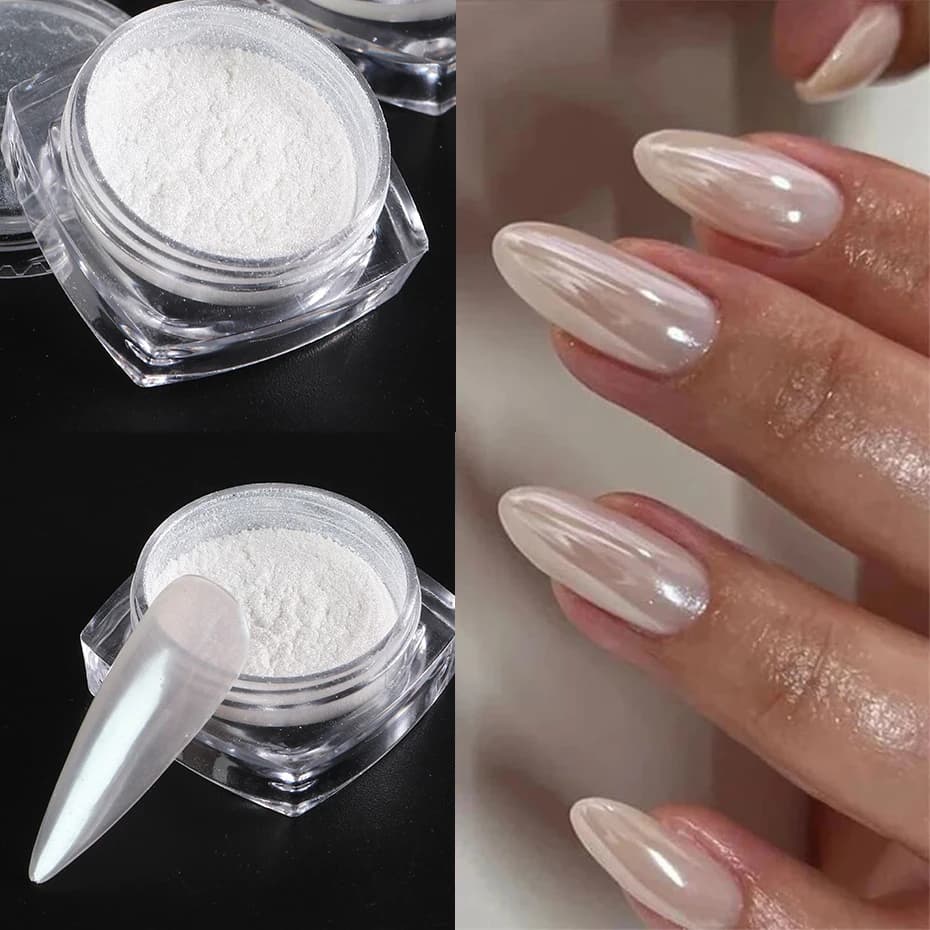 Moonlight Pearl White Nails Glitter Dust Chrome Aurora White Rubbing on Powder Shell Mirror Pigment Nail Art Supplies Decoration - 2