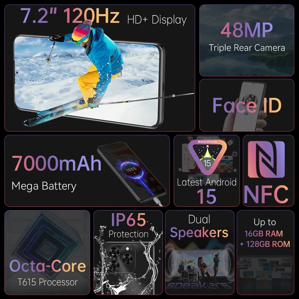 Cubot Note 60 Smartphone, Android 15, 7.2-inch 120Hz Display, Octa-core,16GB(6+10GB )RAM 128GB ROM, 48MP Camera, 7000mAh Battery - 2
