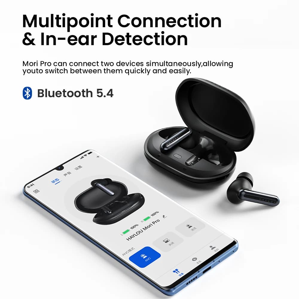سماعات HAYLOU Mori Pro بلوتوث 5.4 - سماعات أذن عزل ضوضاء نشط -43dB مع 6 ميكروفونات وسماعات رأس لاسلكية وبطارية تدوم حتى 35 ساعة - 5