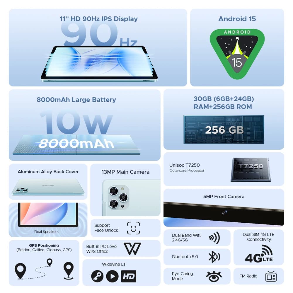 جهاز لوحي DOOGEE Tab G6، نظام أندرويد 15، شاشة 11 بوصة، ذاكرة 30 جيجابايت (6+24 جيجابايت)، تخزين 256 جيجابايت، بطارية 8000 مللي أمبير، Widevine L1 - 2