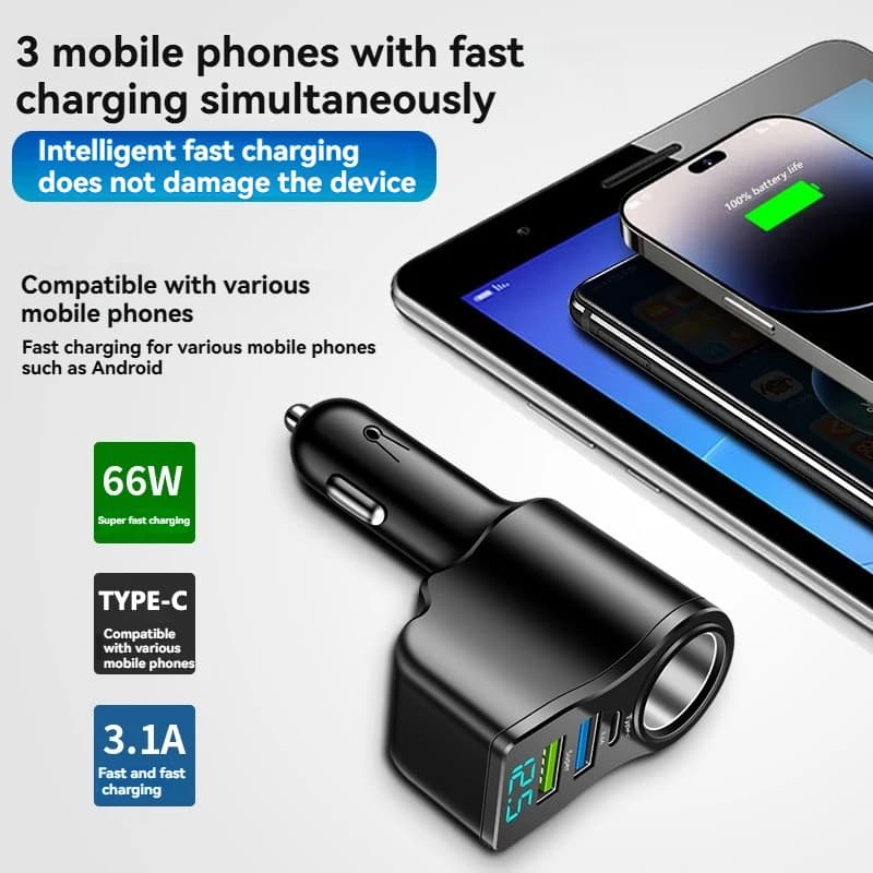 New digital display car fast charging dual USB car charger car one to three cigarette lighter 66W car multifunctional charger - 3