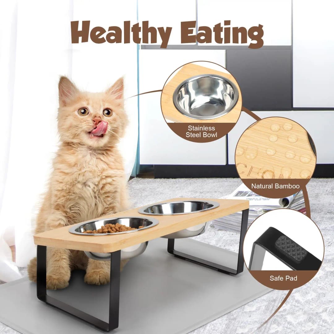 Elevated Cat Bowls with Food Mat 15° Tilted Stand Raised Cat Dishes for Food and Water Feeder 2 Stainless Steel Bowls for Cats - 5