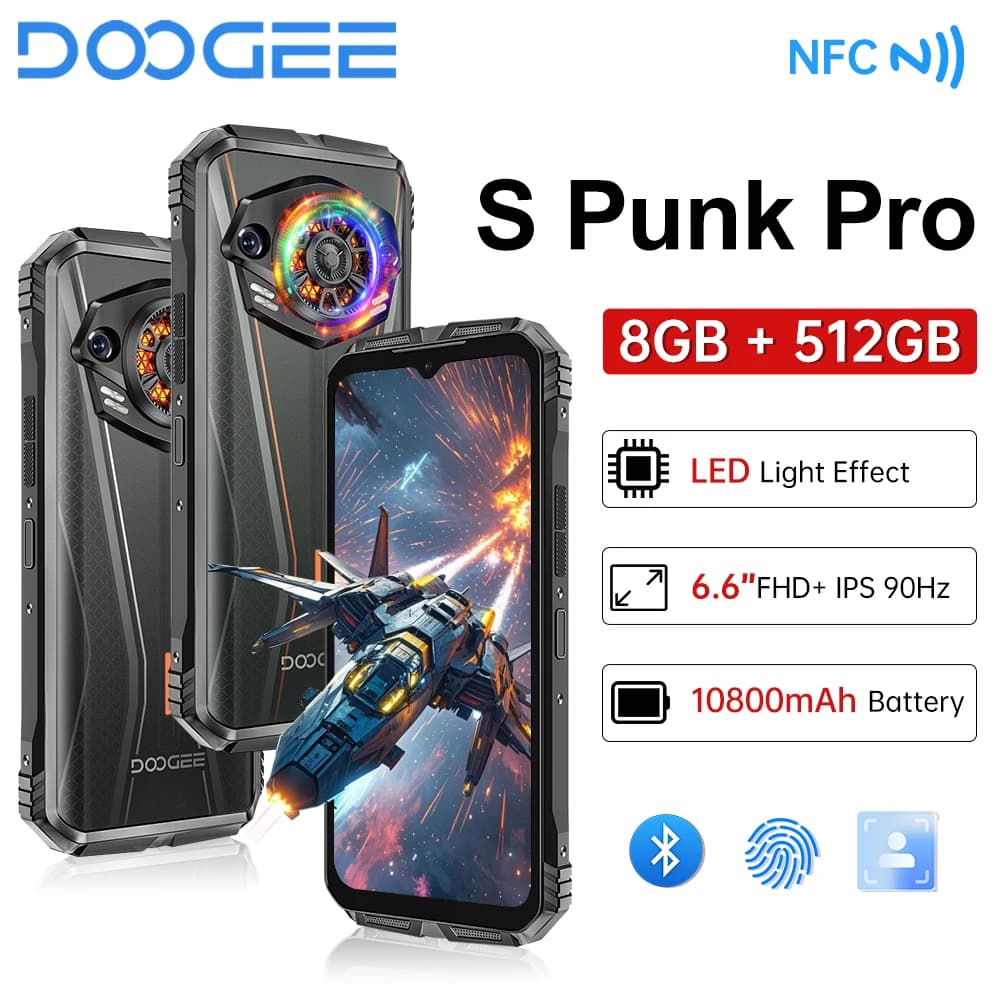 هاتف DOOGEE Spunk Pro متين، إصدار عالمي، شاشة 6.6 بوصة، 90 هرتز، ذاكرة 20 جيجابايت، تخزين 512 جيجابايت، بطارية 10800 مللي أمبير، كاميرا 50 ميجابكسل، أندرويد 14، NFC