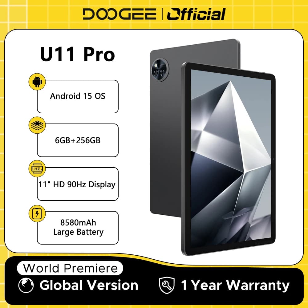 إصدار عالمي من جهاز لوحي DOOGEE U11 Pro، أندرويد 15، 30GB (6+24)، 256GB، شاشة 11 بوصة HD بمعدل تحديث 90Hz، بطارية 8580mAh، معالج Unisoc T7200، Widevine L1