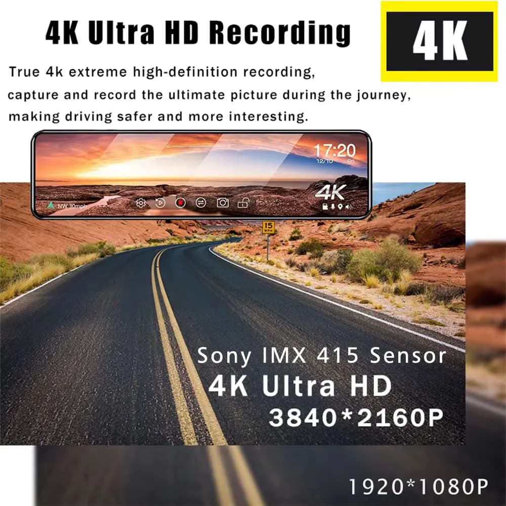 مرآة داش كام بدقة 4K UHD 2160 بكسل، عدسة مزدوجة، GPS، واي فاي، شاشة IPS، ومسجل تيار لمرآة الرؤية الخلفية - 2