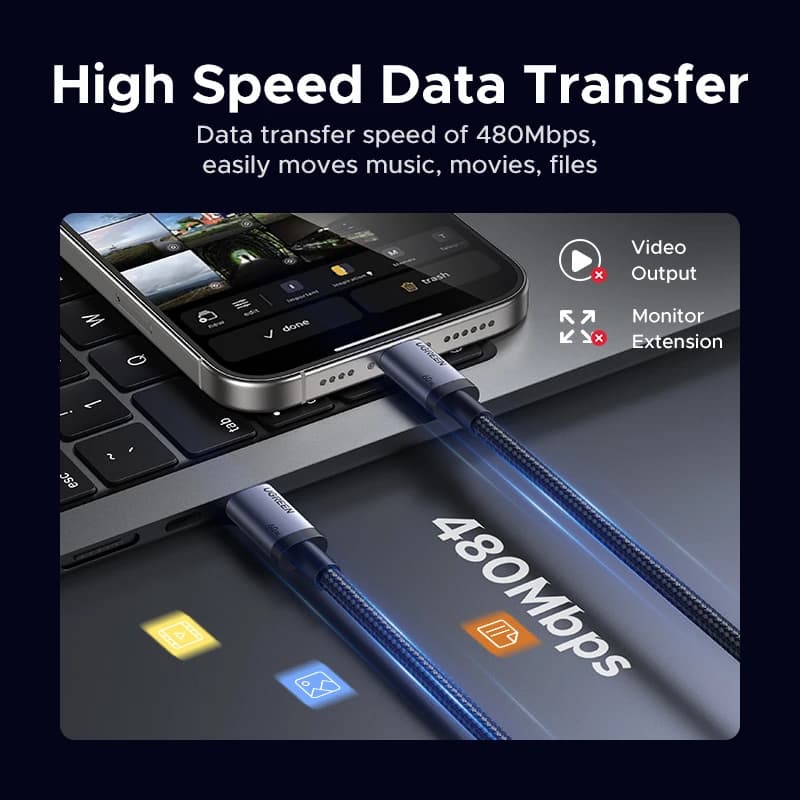 كابل يو جرين يو اس بي سي بشحن سريع 60 واط لهواتف ايفون 17 و16 و15 وسامسونج اس 25 واس 24 وآيباد وماك بوك اير وشاومي - كابل بيانات وشحن سريع - 3