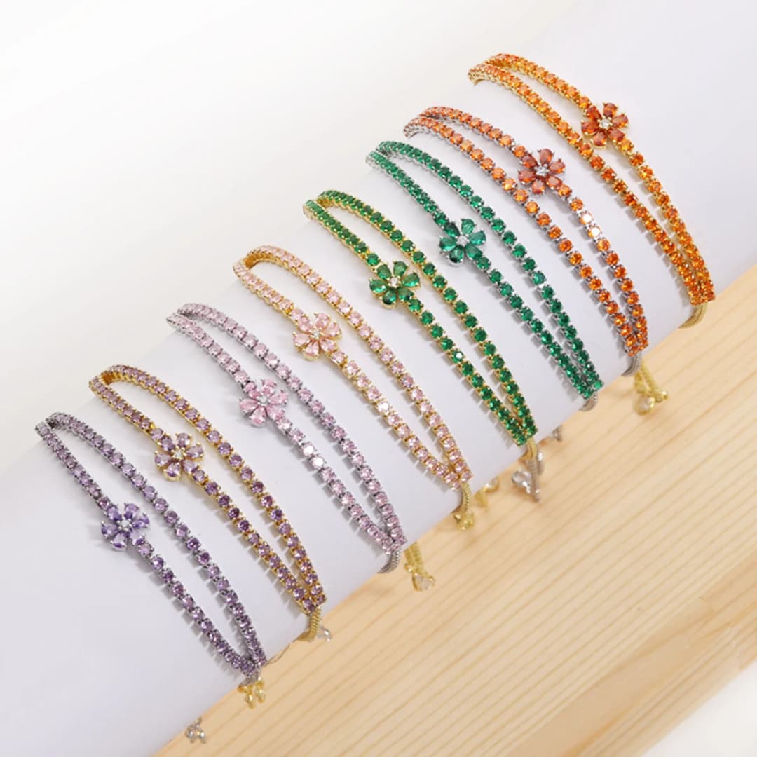 Double Layer Flower Shiny Charm CZ Tennis Bracelet for Women Zircon Jewelry Adjustable 18K Gold Plated Box Chain Bracelets Gift - 3