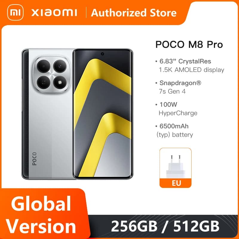 هواتف Xiaomi POCO M8 Pro 5G إصدار عالمي معالج Snapdragon 7s الجيل الرابع شاشة 6.83 بوصة 1.5K بمعدل تحديث 120 هرتز بطارية 6500 مللي أمبير شحن سريع 100 واط NFC