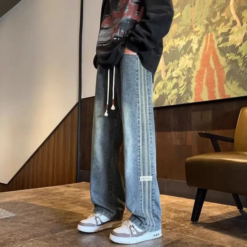 Three bar American retro jeans men's spring and autumn new style high street elastic waist loose casual men's straight leg long - 3