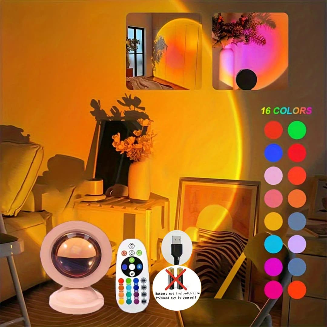 ضوء غروب الشمس مع جهاز تحكم عن بعد، ضوء ليلي 16 لونًا، أضواء شروق الشمس مضاءة RGB