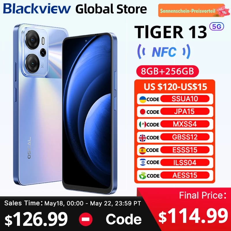 Blackview Oscal Tiger 13 5G Smartphone 6.67 inch 90Hz IPS Display NFC 5000mAh Unisoc T760 256GB 50MP AI Camera Mobile Phone