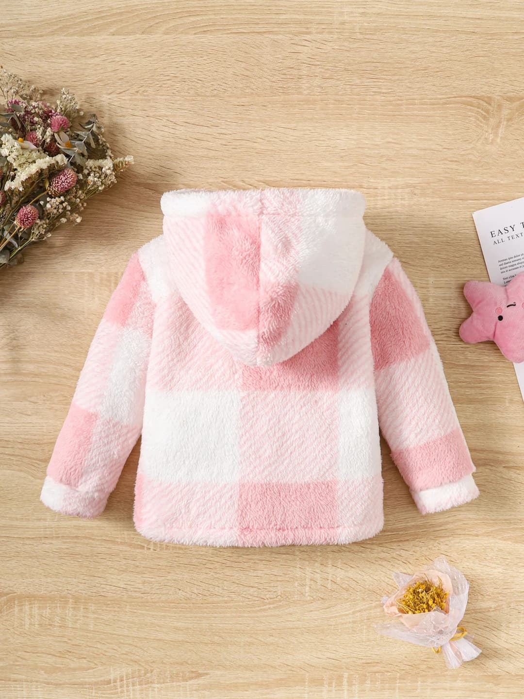 Little Girl Long Sleeved Hooded Sweater Cute Pink Plaid Jacket Plush Plush Thickened Fashion Clothes for Children Girl 2-8 Years - 5