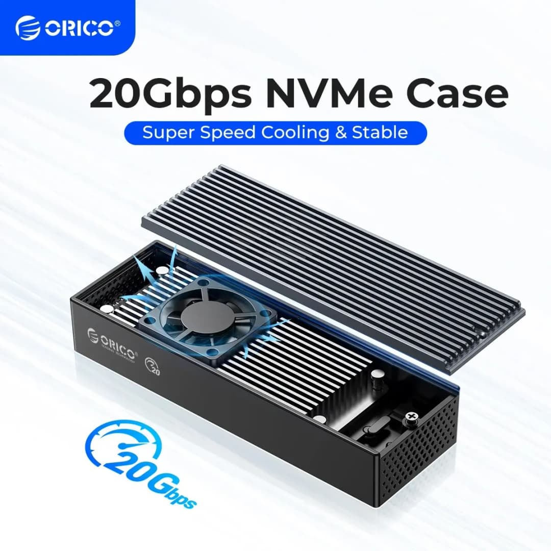 علبة ORICO M.2 NVME SSD مع مروحة تبريد مدمجة Type-C M2 20Gbps غلاف NVME SSD لـ M.2 NVME 2230 2242 2260 2280 SSD