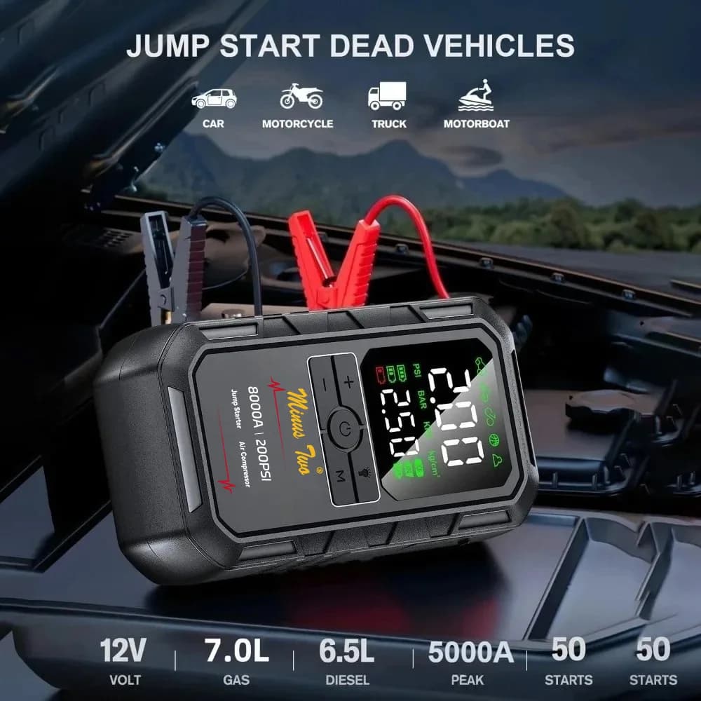 مبتدئ قفزة سيارة 8000A 200PSI مع ضاغط هواء منفاخ إطارات أوتوماتيكي، شاشة LCD كبيرة، إضاءة LED، للسيارات والدراجات النارية - 4