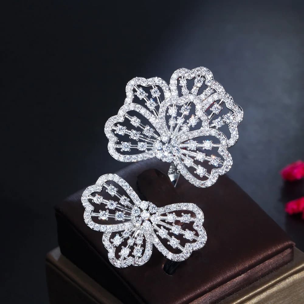 CWWZircons Sparkling CZ Zircon Statement Luxury Big Chunky Flower Rings for Women Wedding Bridal Party Jewelry Accessories R220 - 5