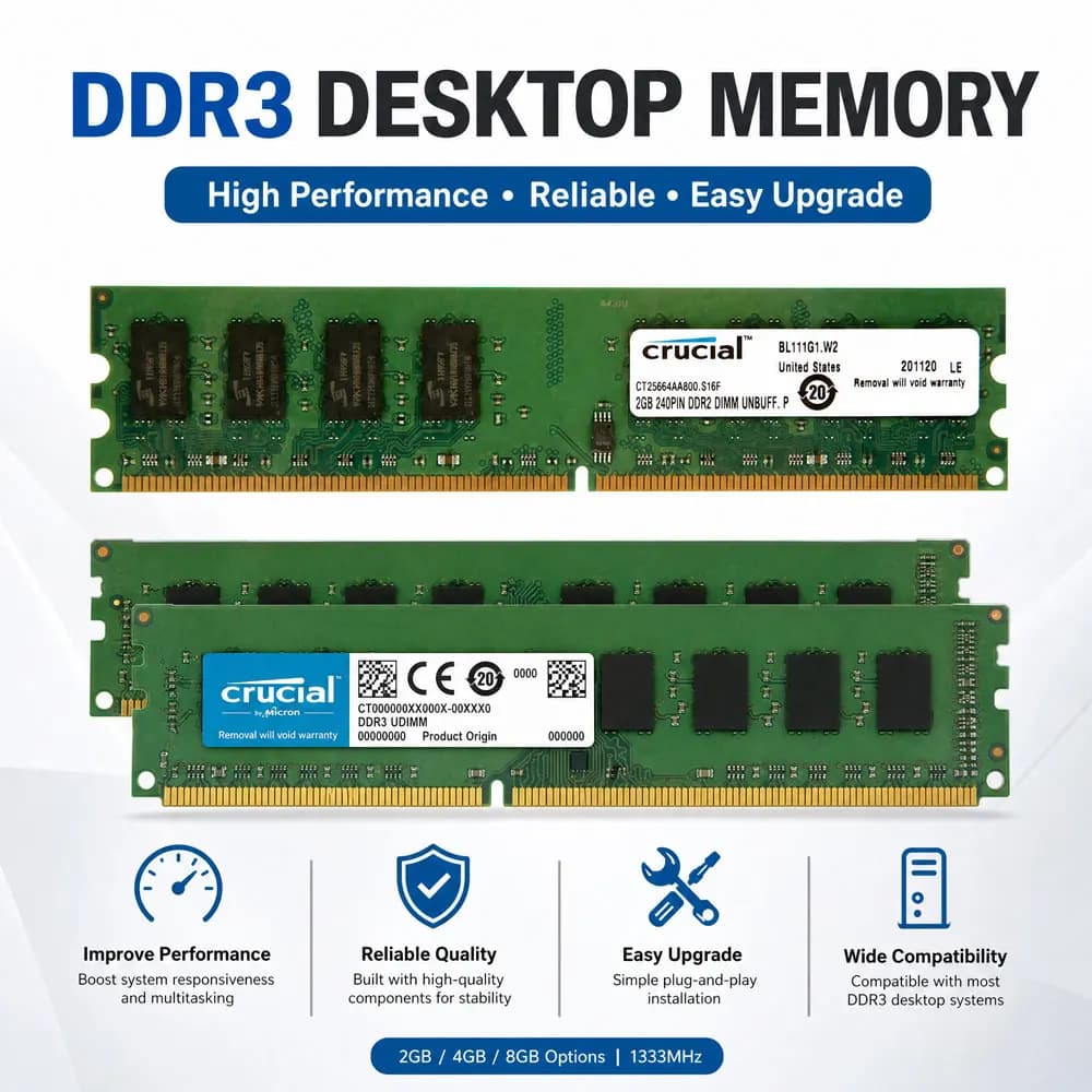 Crucial DDR3 DDR2 DDR3L PC Desktop RAM 2GB 4GB 8GB KIT (2x4G)(2x8G) 1600 1333 1866MHz Memory DIMM PC2-6400 5300 PC3-12800 14900