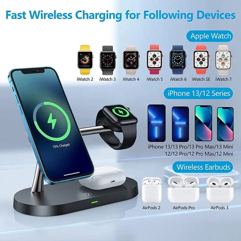 3 in 1 Wireless Charger Stand Magnetic For iPhone 12 13 14 15 Fast Charging Station for Apple Watch 9 8 7 6 5 Airpods 2 3 Pro - 2