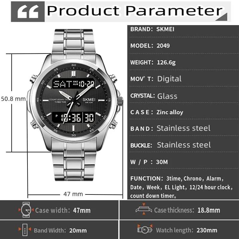 Skmei Mens Quartz Analog Bracelet Watches Luxury Stainless Steel Strap Led Waterproof Digital Sports Three Time Zone Alarm Clock - 3