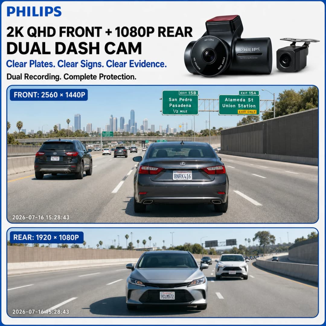 كاميرا سيارة PHILIPS Dash Cam F03 بدقة 2K QHD+1K مزدوجة أمامية وخلفية بشاشة 3.16 بوصة IPS واي فاي 2.4GHz و5GHz مراقبة الوقوف 24 ساعة - 2