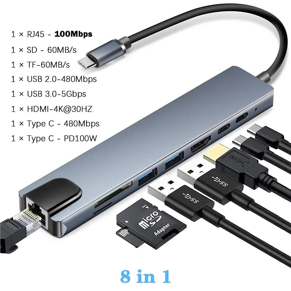 محطة توصيل USB 3.0 Type C HUB إلى HDMI 4K 30HZ، محول إيثرنت Type C إلى RJ45 100Mbps، موسع VGA، شاحن PD 100W - 5