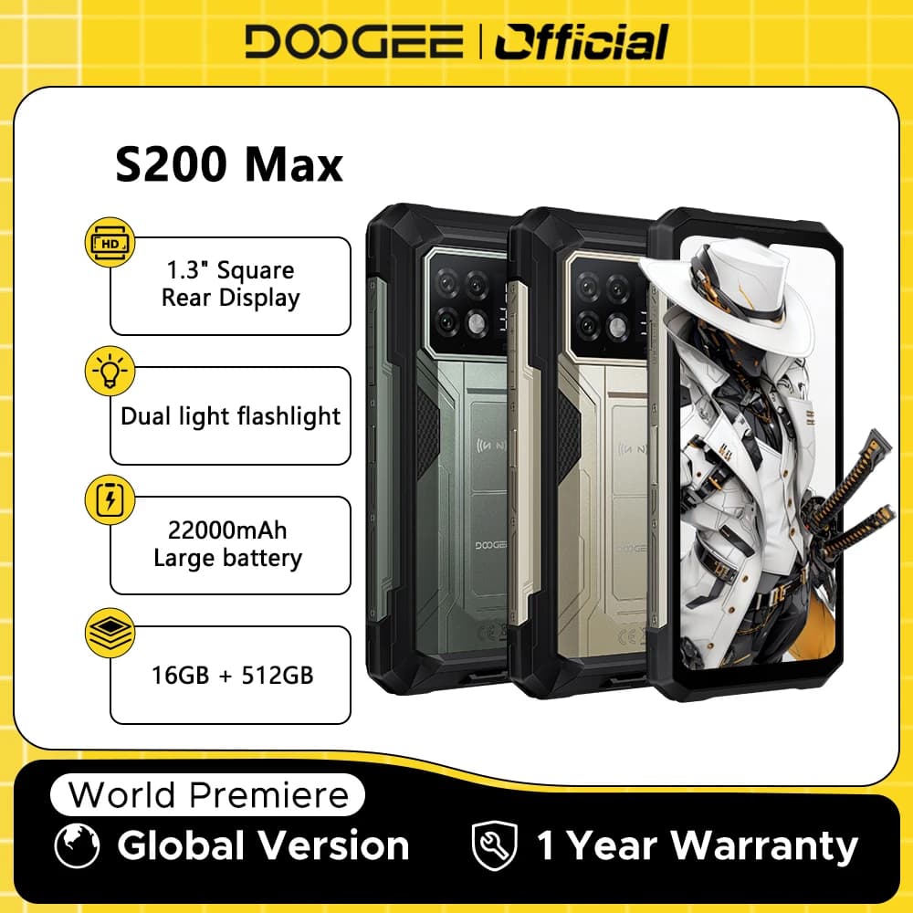 العرض الأول عالمياً لهاتف DOOGEE S200 Max المتين 16 جيجابايت 512 جيجابايت بطارية 22000 مللي أمبير 66 واط شاشة خلفية 1.32 بوصة شاشة 6.72 بوصة 120 هرتز معالج Dimensity 7050 تقنية NFC