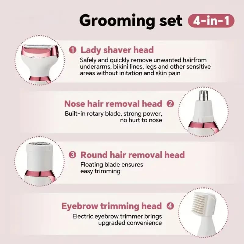4-in-1 Rechargeable Electric Lady Shaver Set - 500mAh Portable Wet/Dry Trimmer for Face, Nose, Legs & Underarms - 4