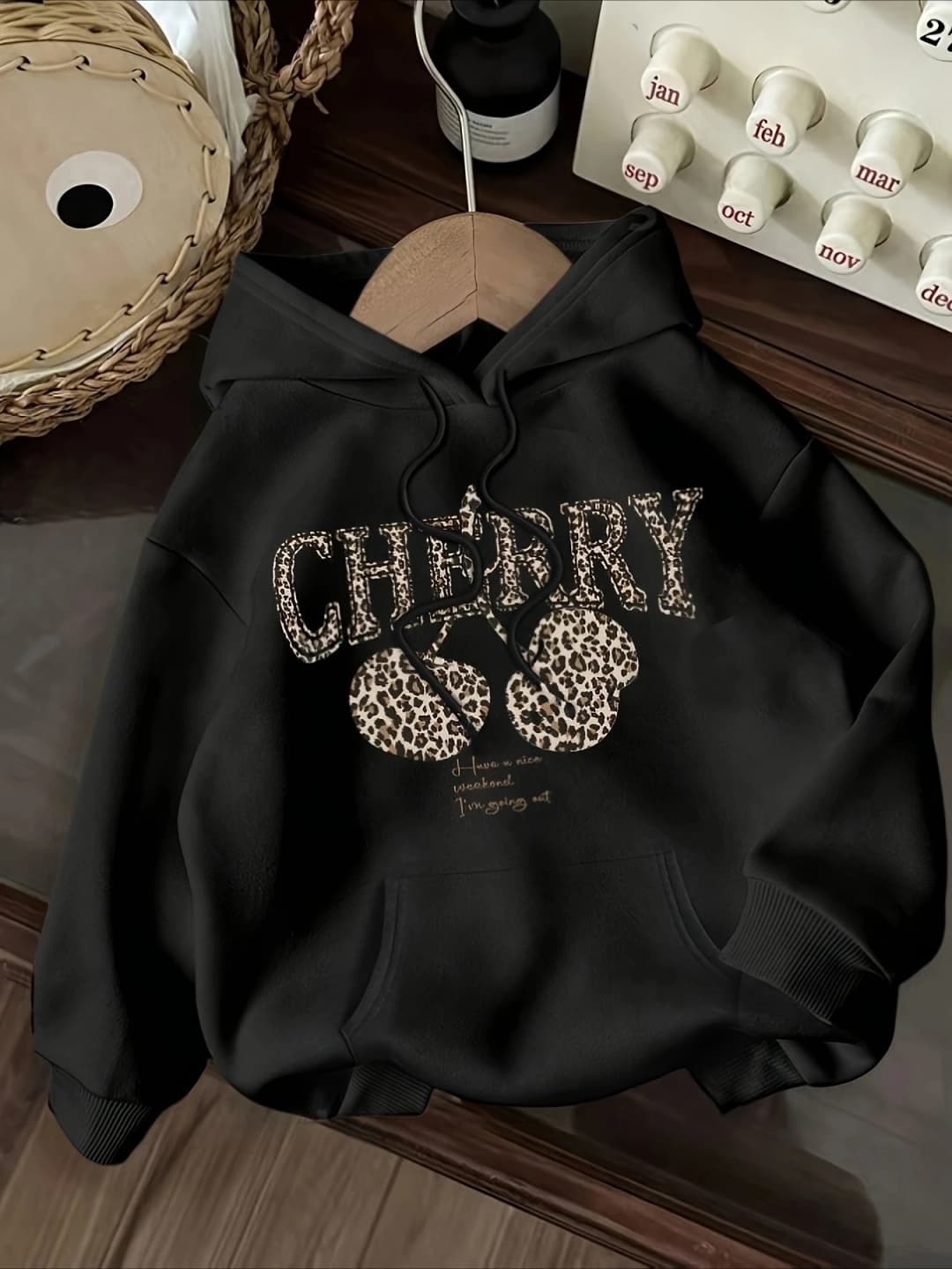 Leopard Print Cherry Letter Printed Women's Autumn Winter Round Neck Sweatshirt Casual Long Sleeved Top Hoodies Women's Clothing - 2