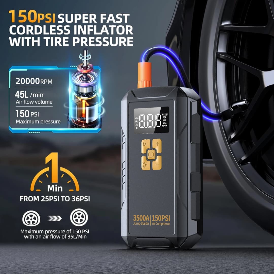 Jump Starter with Air Compressor 3500A Jump Starter 150PSI Air Pump Multifunctional Tire Inflator Power Bank Lighting for Car - 3