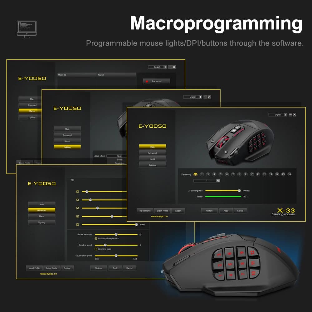 ماوس ألعاب E-YOOSO X-33 RGB USB 2.4G لاسلكي 16000 DPI 16 زر قابل للبرمجة ماوس بصري للكمبيوتر المحمول - 4