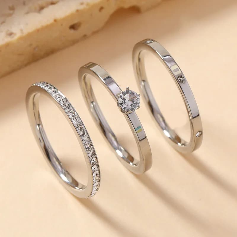 Luxury Stainless Steel Ring For Women Three-Piece Set Zircon Classic Fashion Finger Accessory Jewelry Female Gifts Wholesale - 3