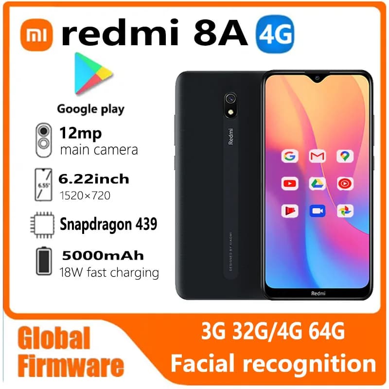 هاتف Xiaomi Redmi 8A الذكي 4G 64G برنامج عالمي 5000 مللي أمبير 6.22 بوصة Snapdargon 439 12 ميجابكسل 18 واط التعرف على الوجه هاتف مستعمل