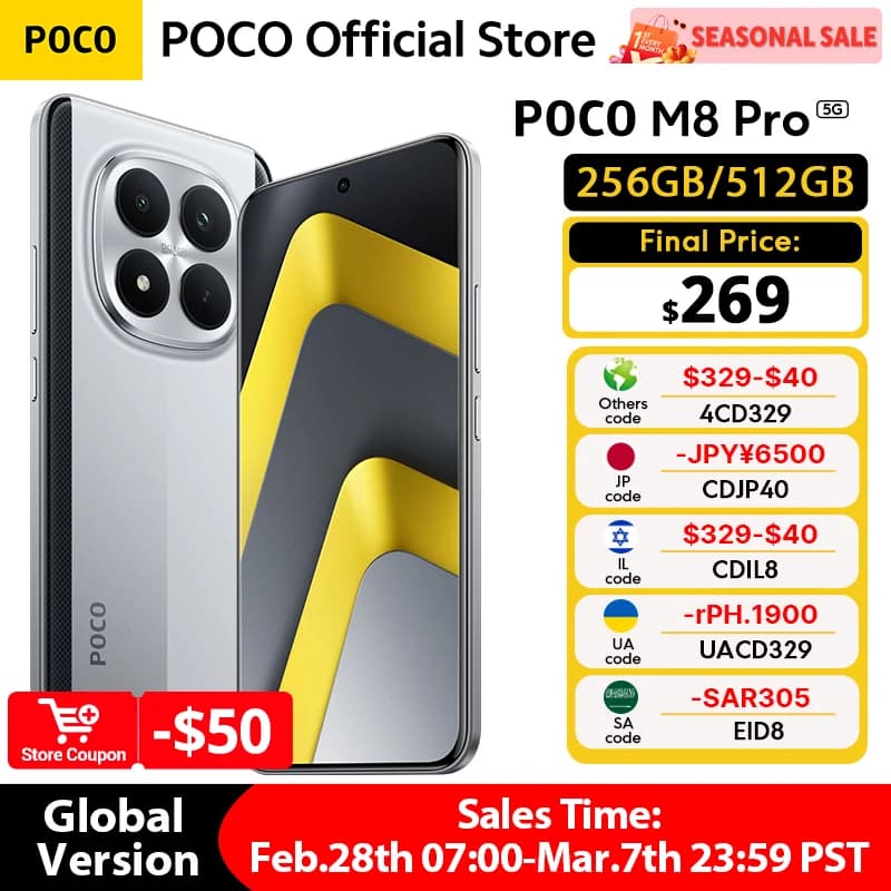 جديد هاتف POCO M8 برو 5G نسخة عالمية سناب دراجون 7s الجيل 4 NFC 6.83 بوصة 1.5K شاشة 120 هرتز بطارية 6500 مللي أمبير شحن 100 واط
