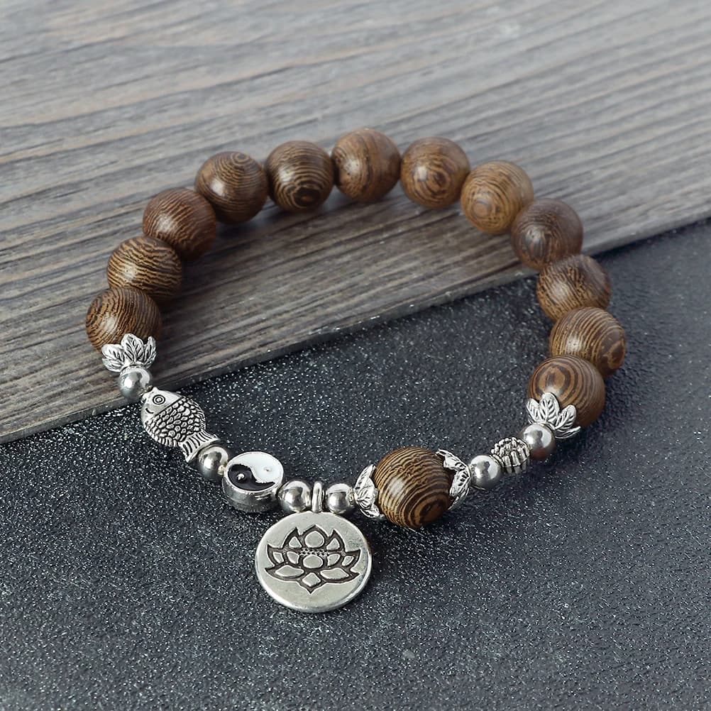 Classic Wooden Beads Prayer Bracelet  Good Luck Lotus Meditation Yoga Jewelry Black Rosewood Cypress Elastic Bangle Women Men - 2